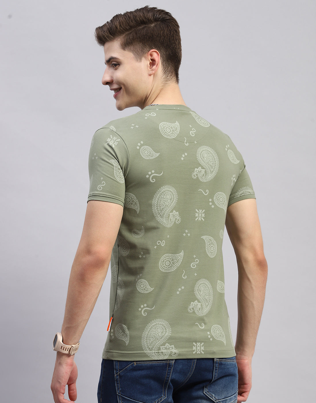 Men Olive Floral Print Collar Half Sleeve T-Shirt