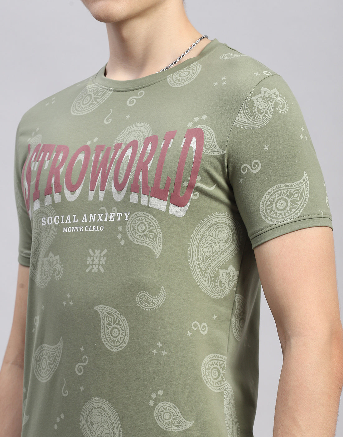 Men Olive Floral Print Collar Half Sleeve T-Shirt