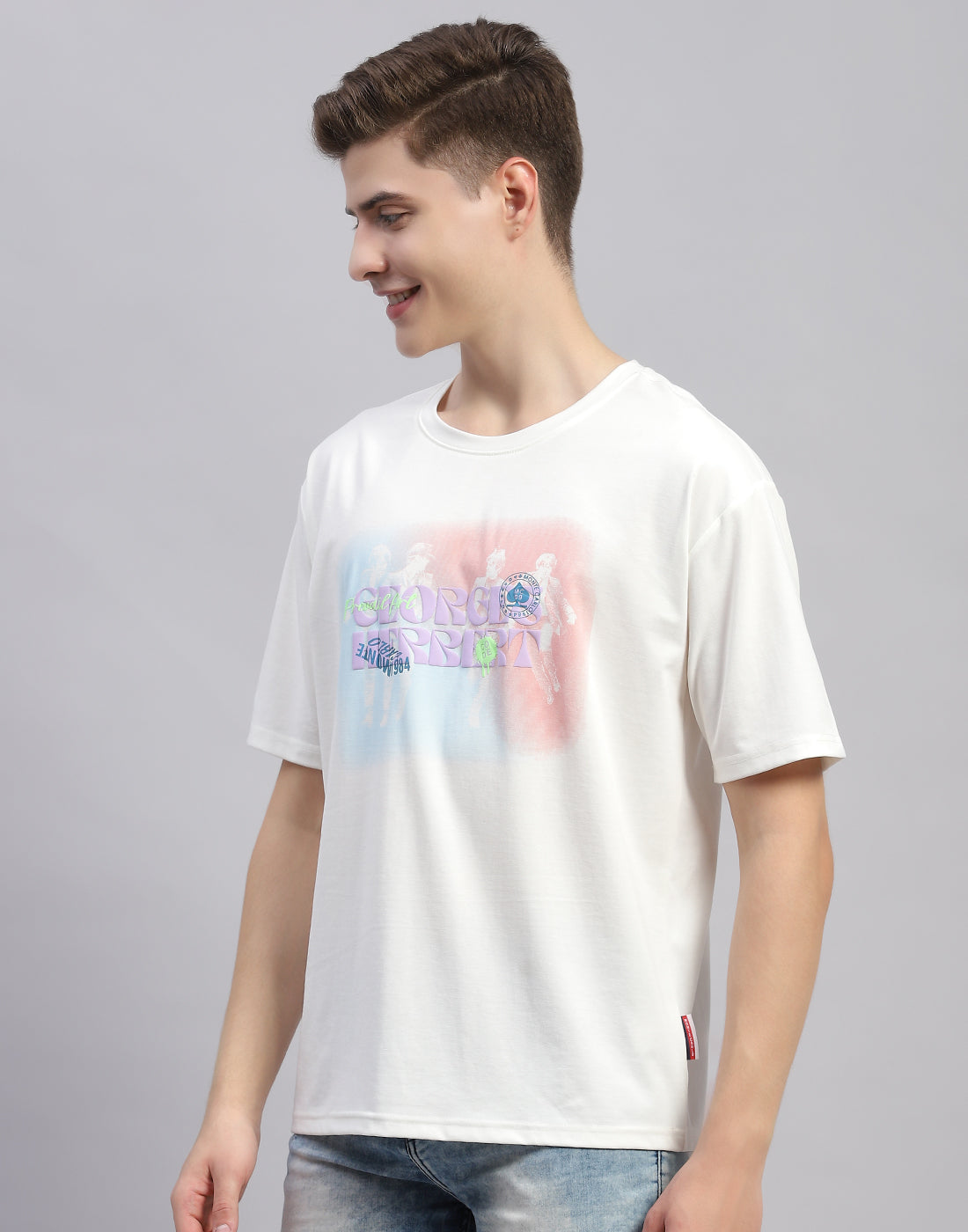 Men White Printed Round Neck Half Sleeve T-Shirt