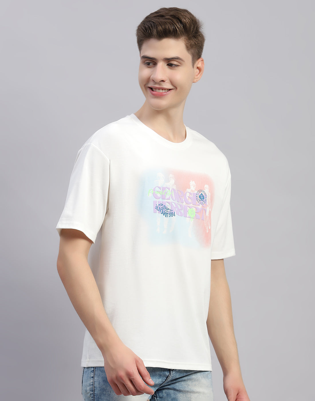 Men White Printed Round Neck Half Sleeve T-Shirt