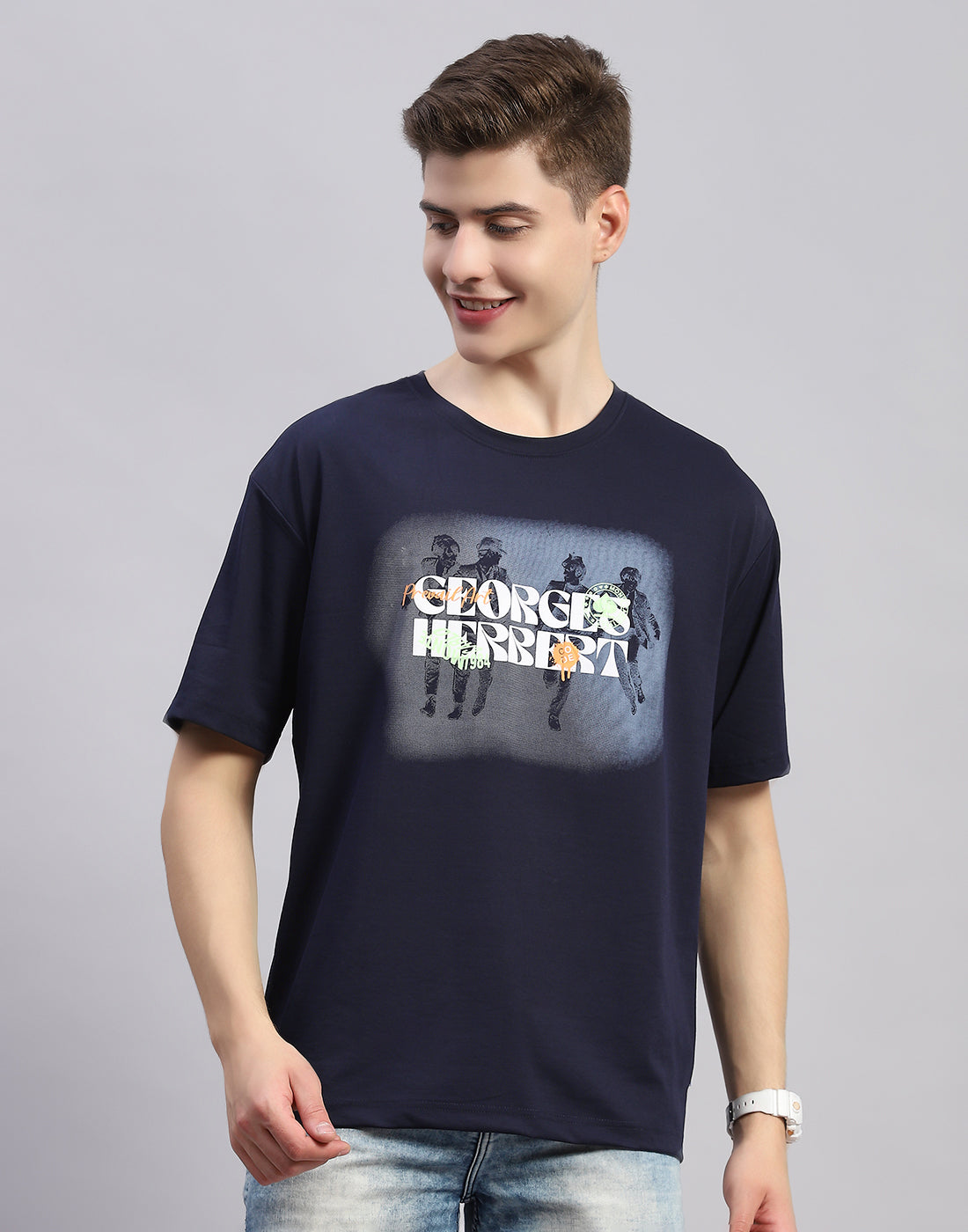 Unisex Round Neck T-shirt with Logo Patch on Sleeve- Dusty Navy
