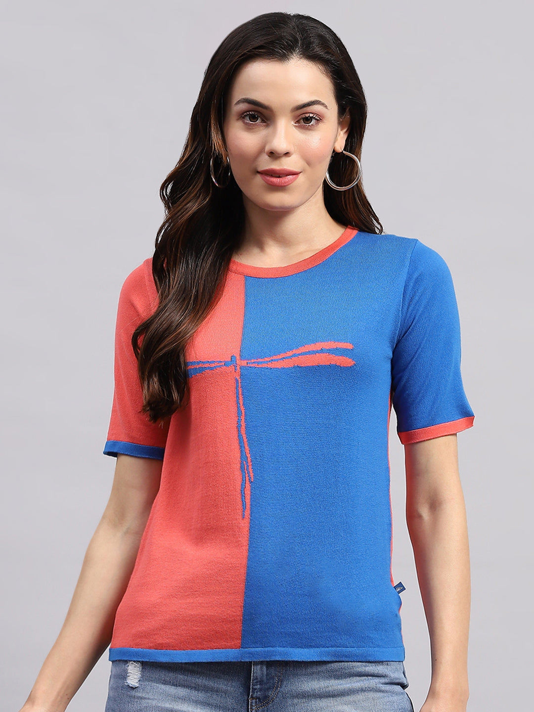 Women Blue & Pink Printed Round Neck Half Sleeve Top