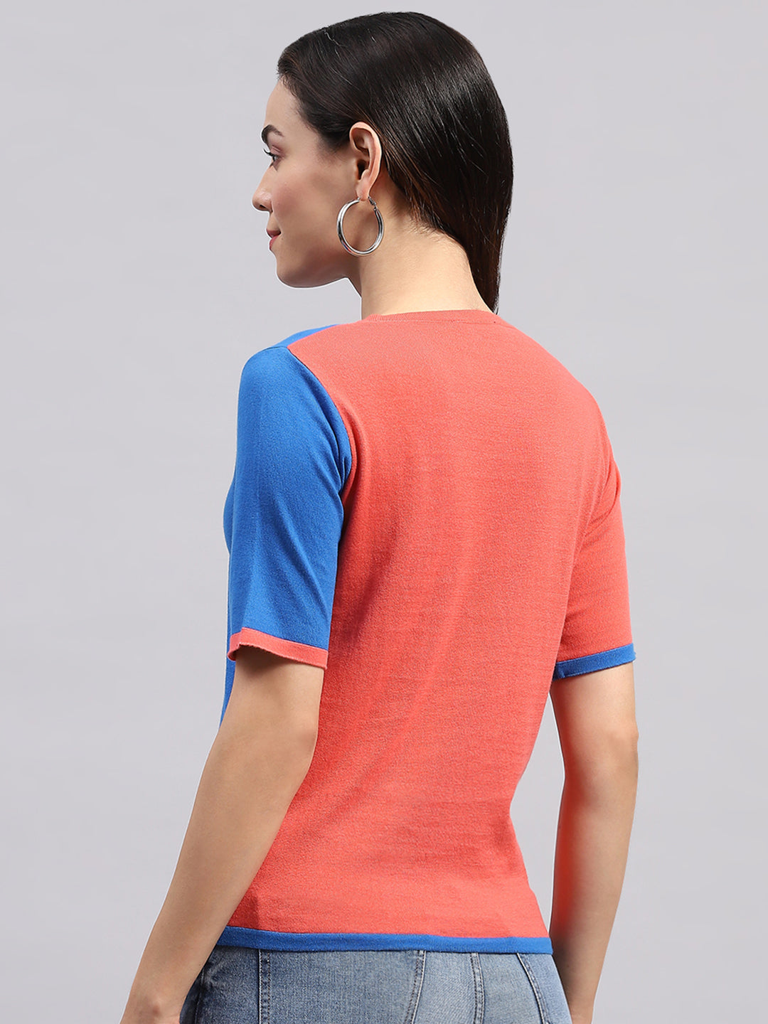 Women Blue & Pink Printed Round Neck Half Sleeve Top