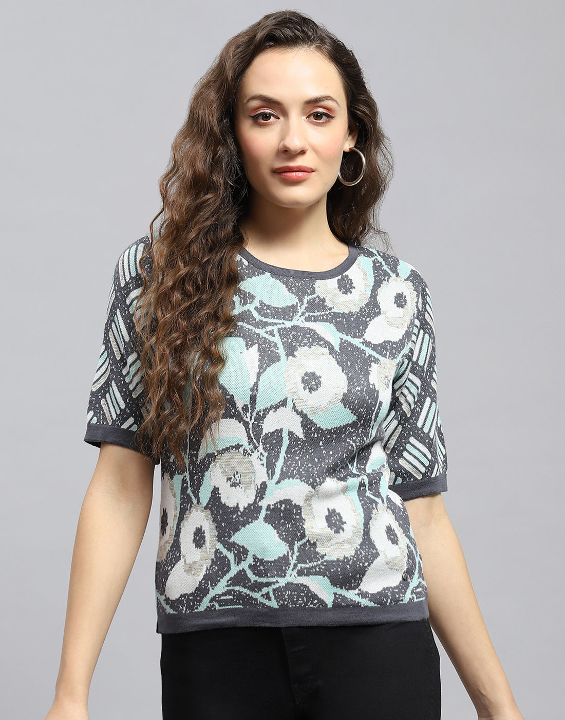 Women Grey Printed Round Neck Half Sleeve Top