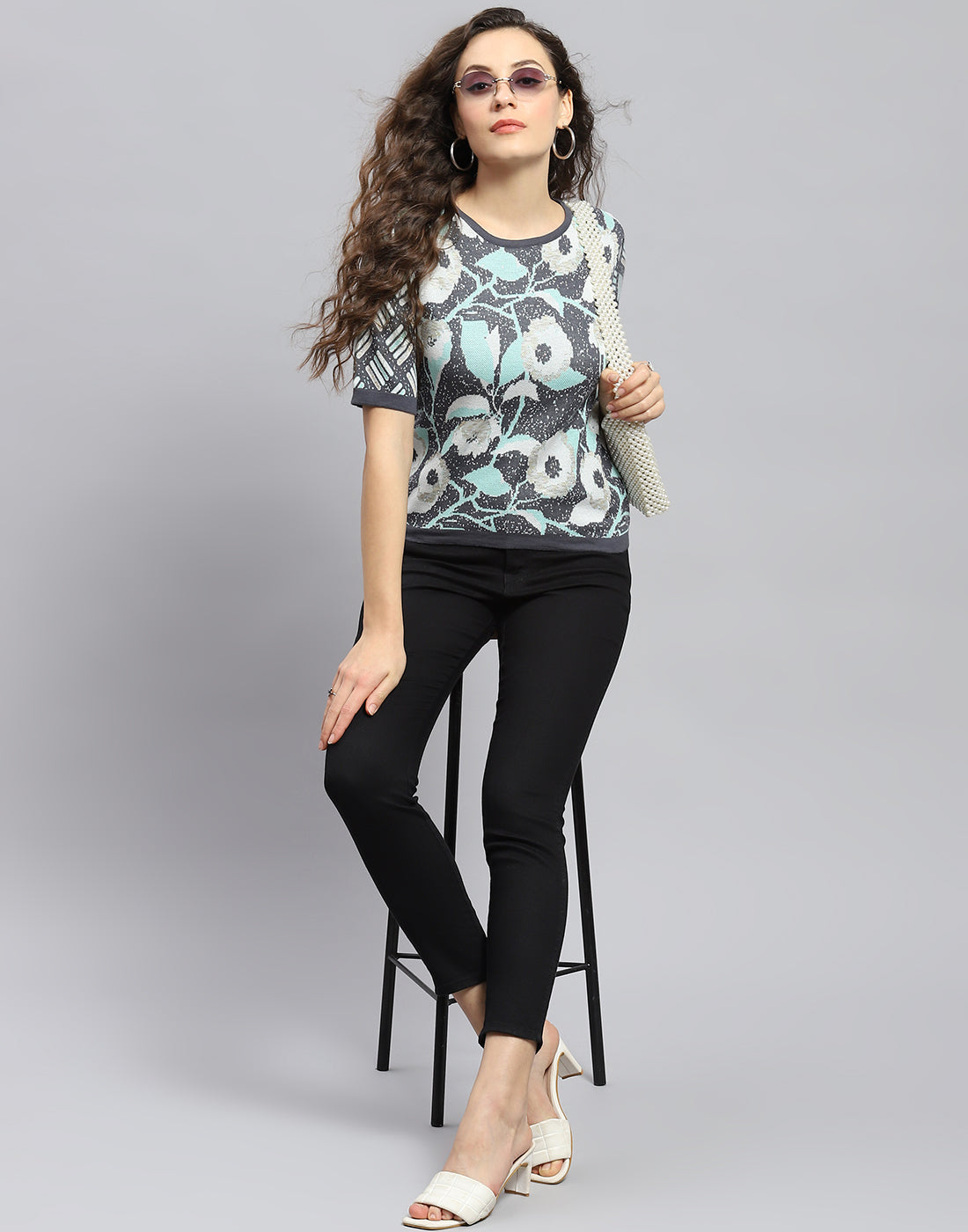 Women Grey Printed Round Neck Half Sleeve Top