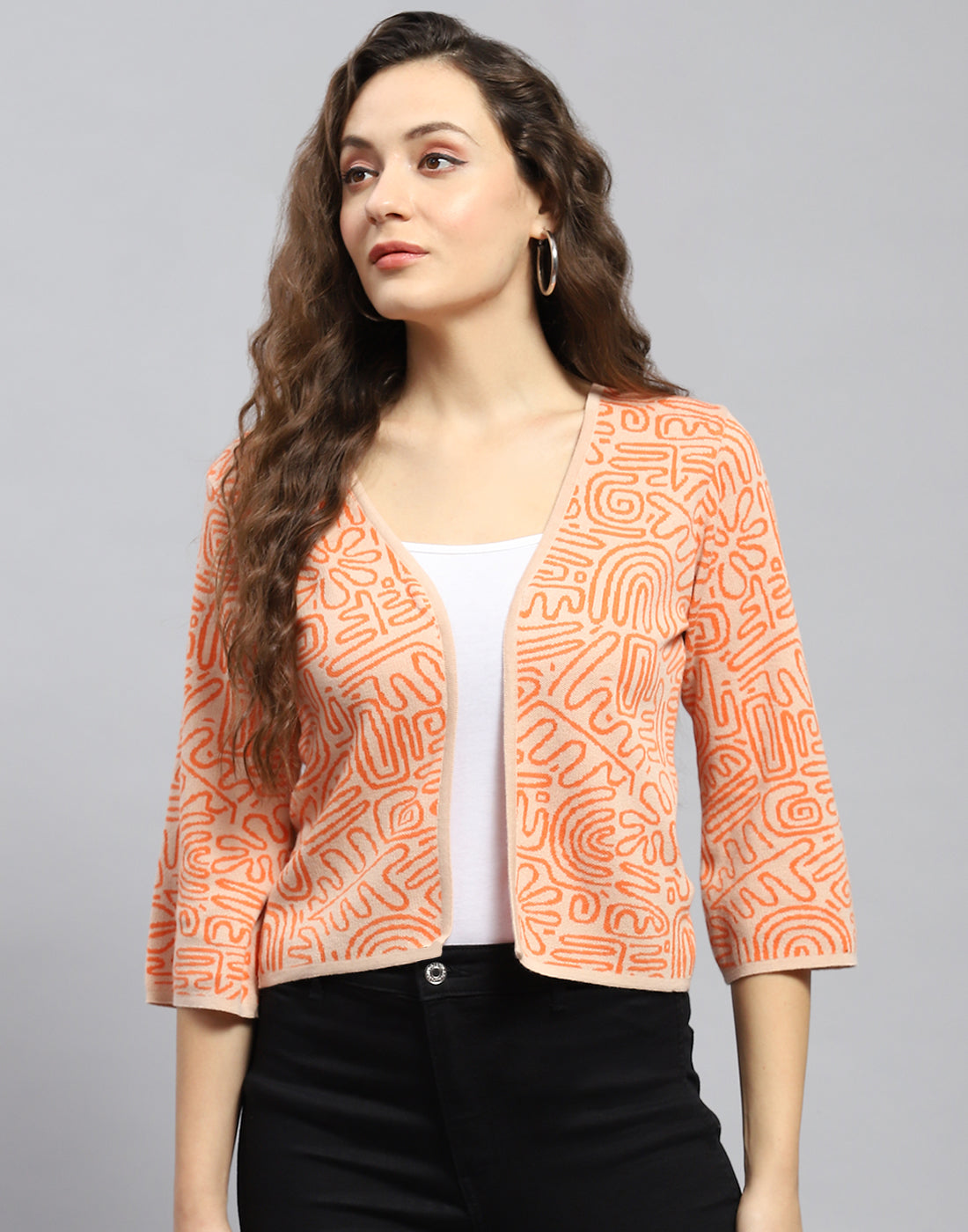 Women Orange Printed V Neck 3/4 Sleeve Shrug