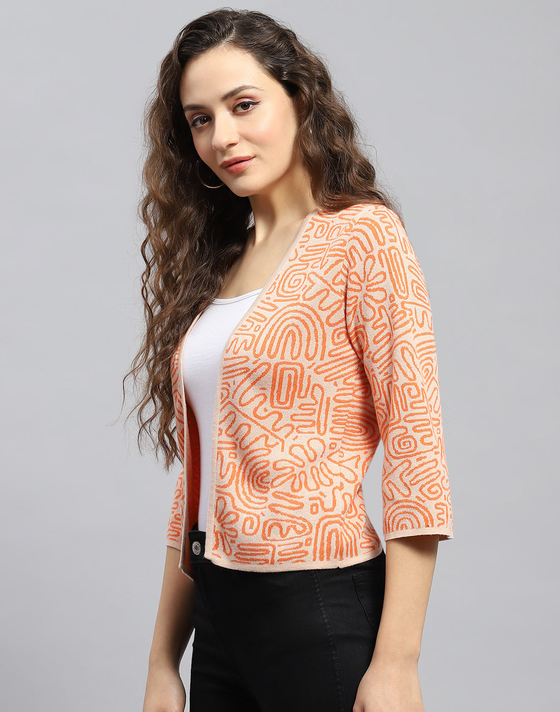 Women Orange Printed V Neck 3/4 Sleeve Shrug