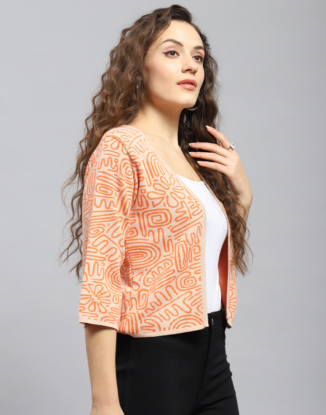 Women Orange Printed V Neck 3/4 Sleeve Shrug