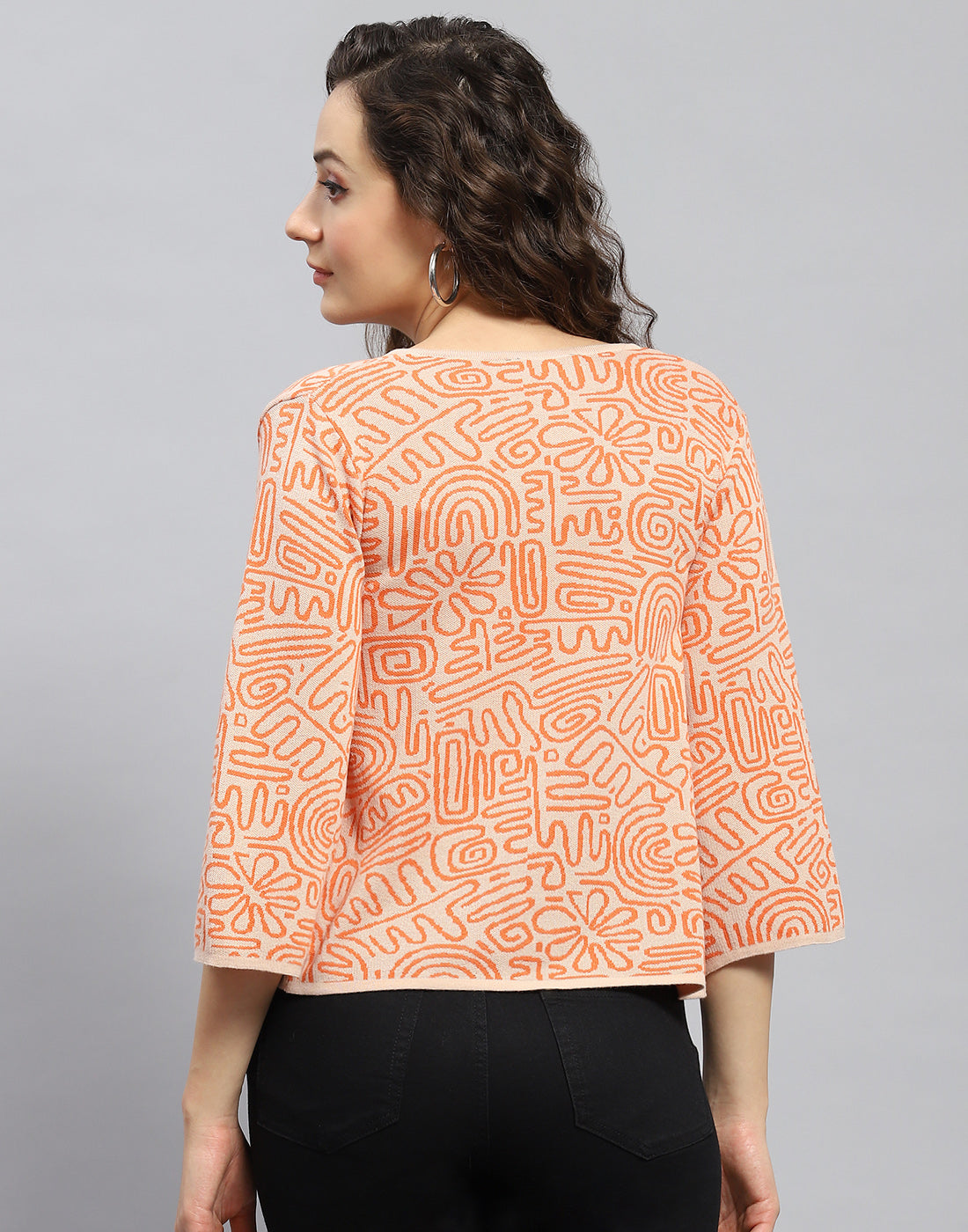 Women Orange Printed V Neck 3/4 Sleeve Shrug