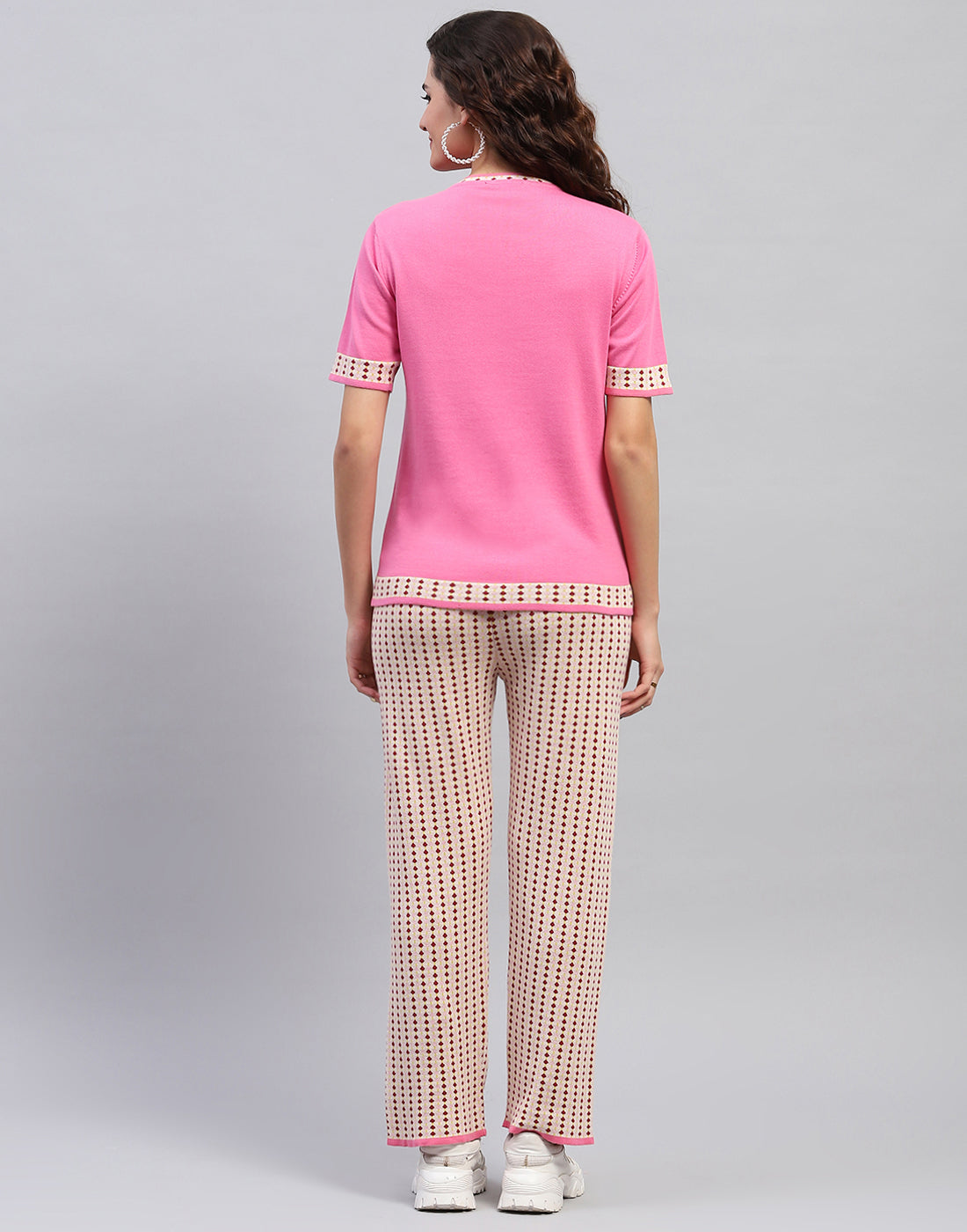 Women Pink Jaquard Round Neck Half Sleeve Cords Set