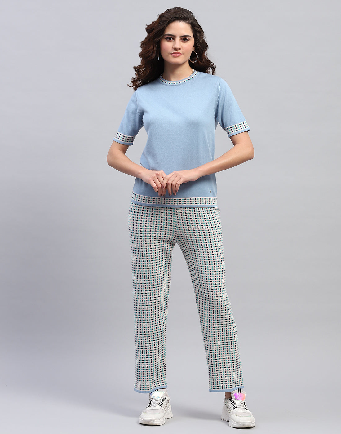Women Sky Blue Jaquard Round Neck Half Sleeve Cords Set