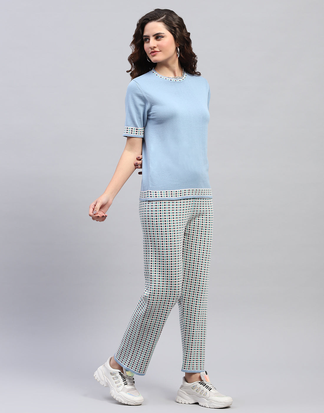 Women Sky Blue Jaquard Round Neck Half Sleeve Cords Set