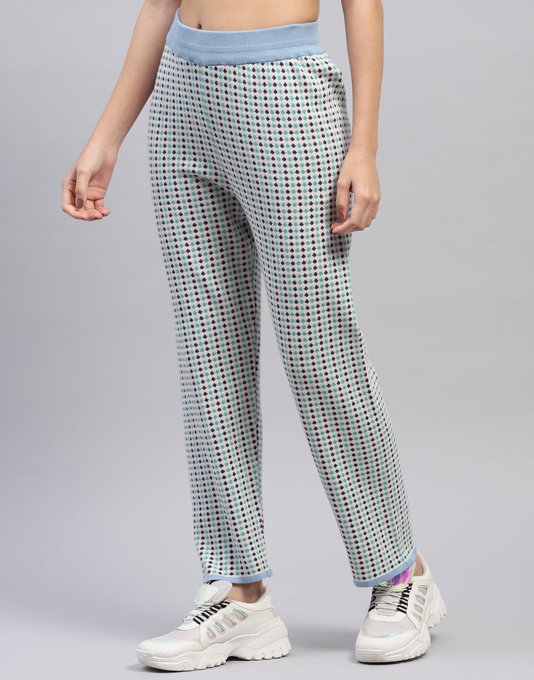 Women Sky Blue Jaquard Round Neck Half Sleeve Cords Set