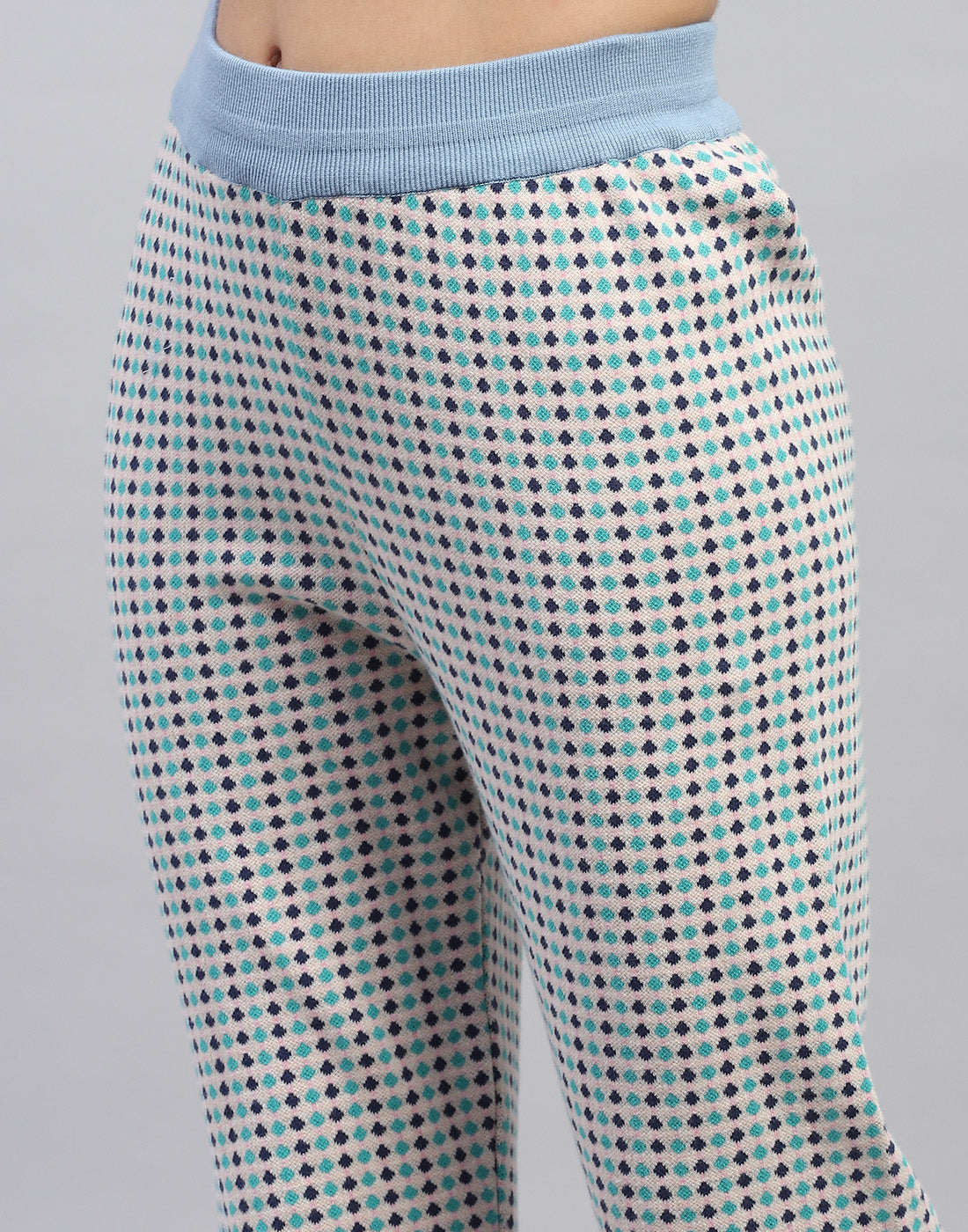 Women Sky Blue Jaquard Round Neck Half Sleeve Cords Set