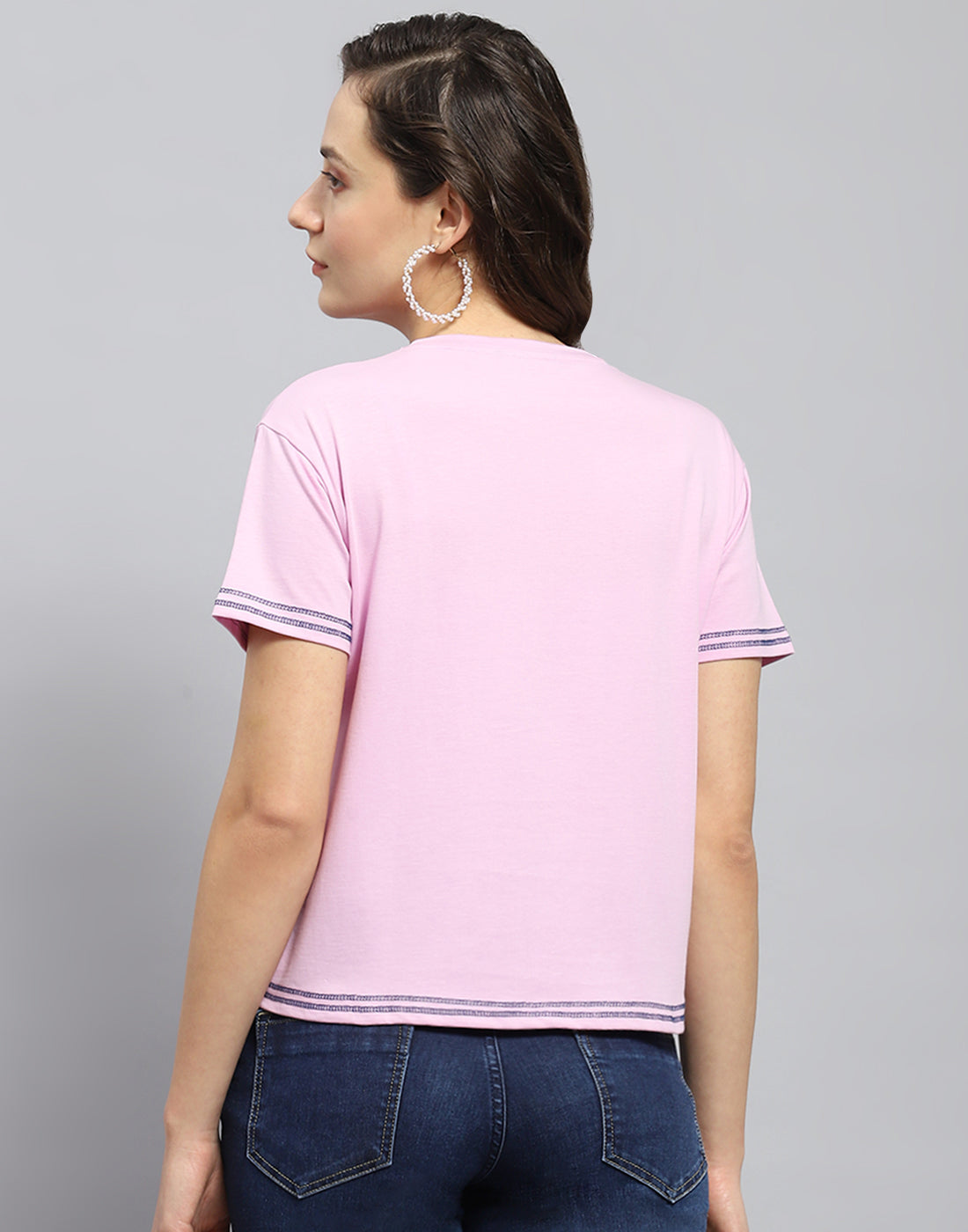 Women Pink Printed Round Neck Half Sleeve Top