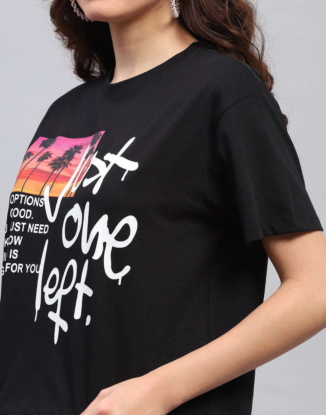 Women Black Printed Round Neck Half Sleeve Top