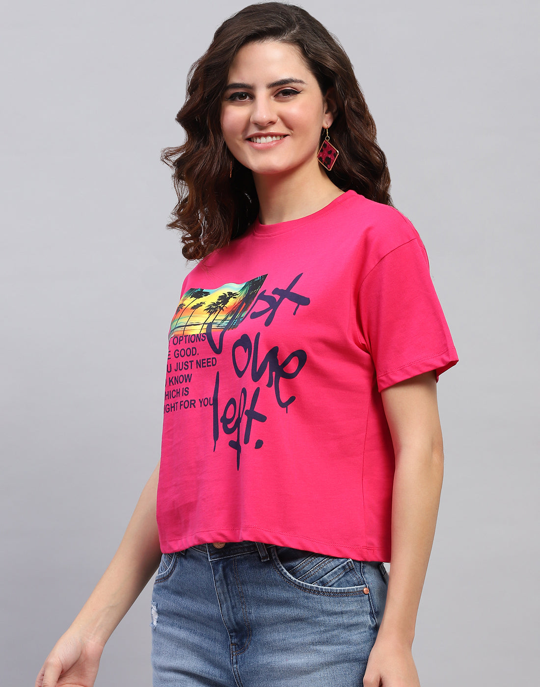 Women Magenta Printed Round Neck Half Sleeve Top