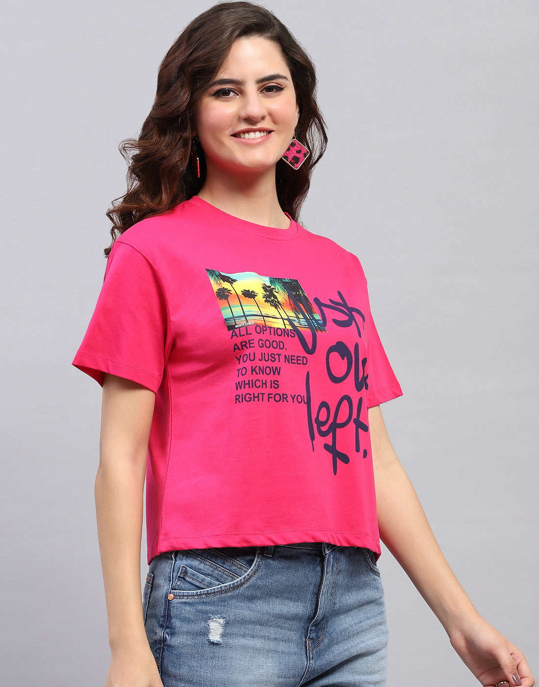 Women Magenta Printed Round Neck Half Sleeve Top