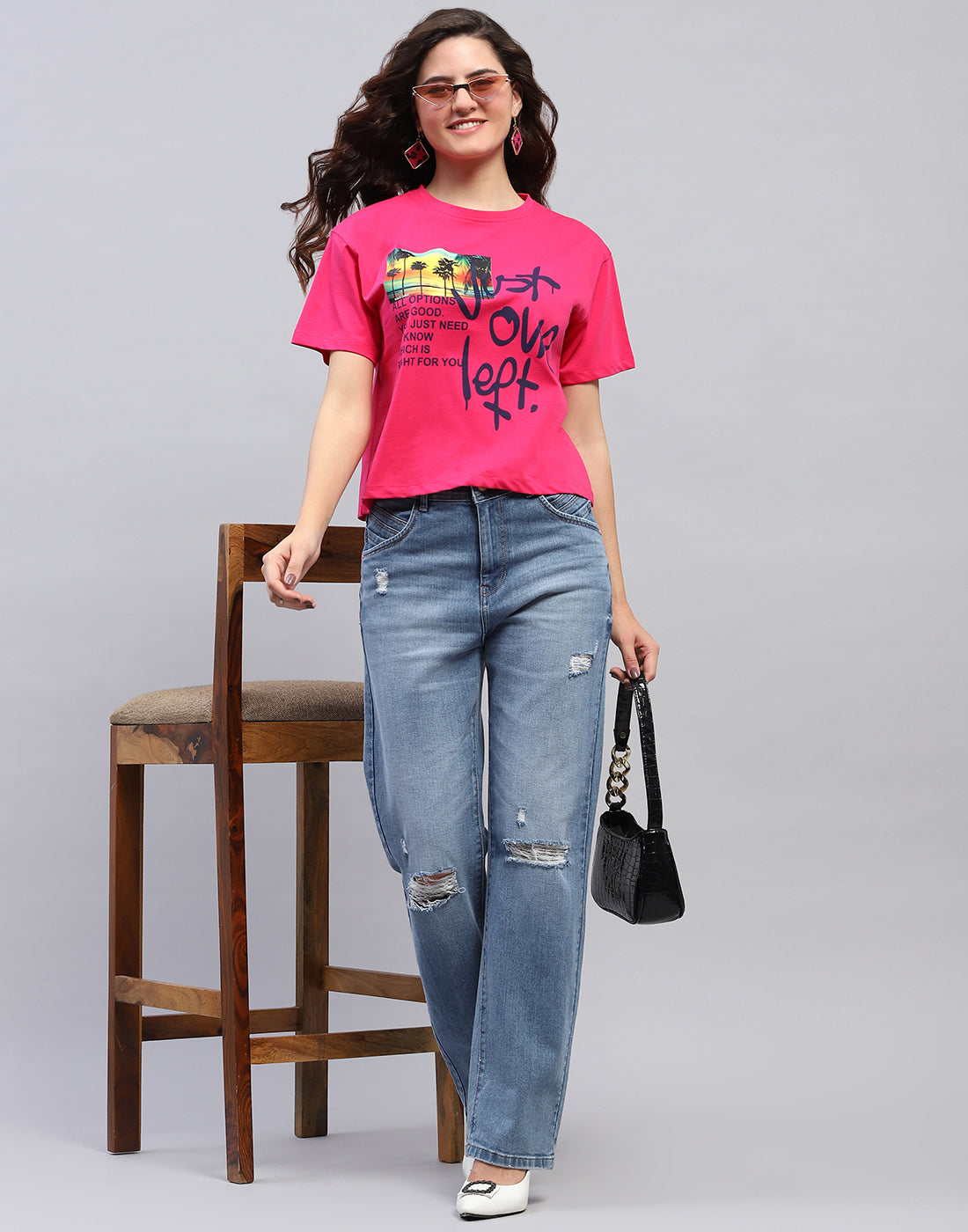 Women Magenta Printed Round Neck Half Sleeve Top