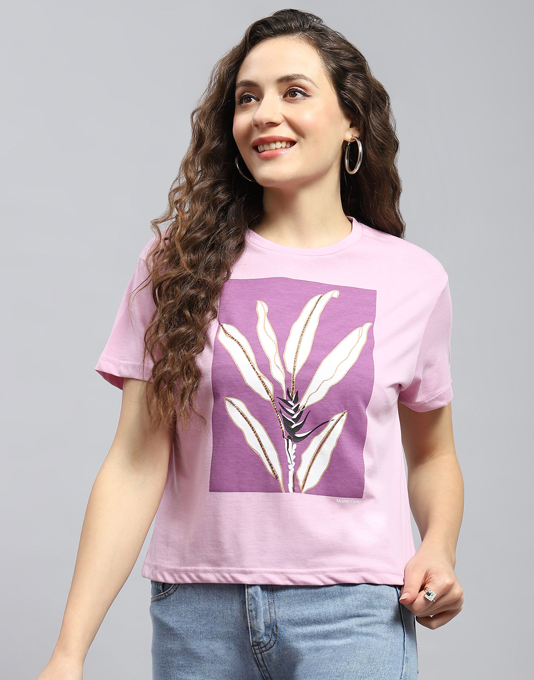 Women Pink Printed Round Neck Half Sleeve Top