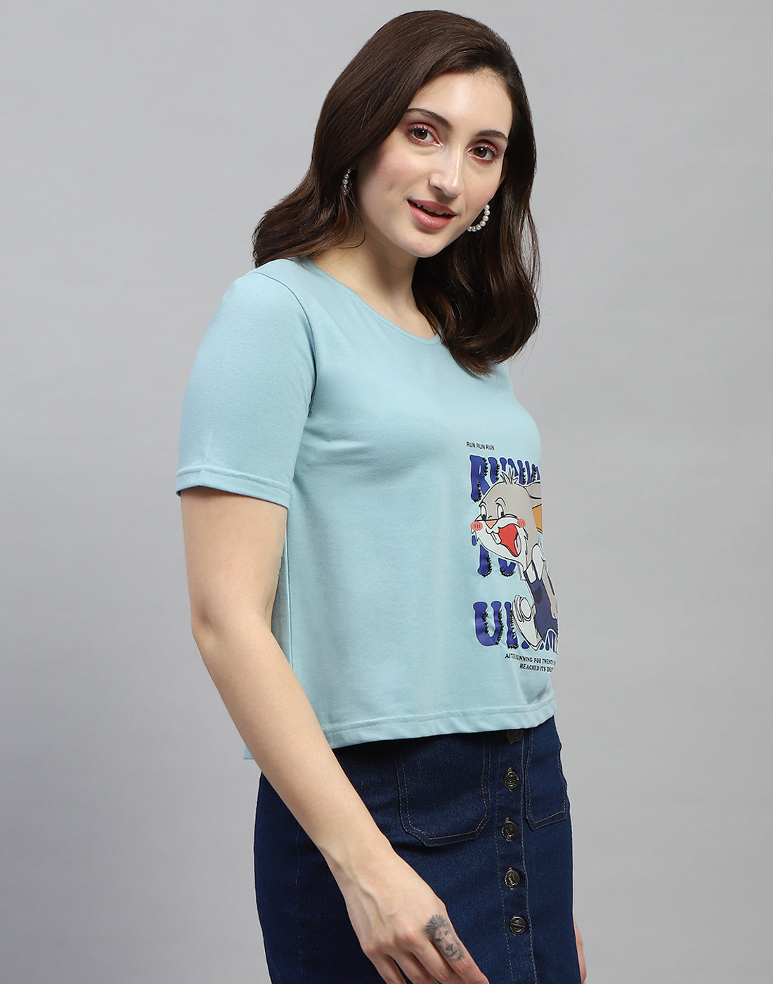 Women Sky Blue Printed Round Neck Half Sleeve Top