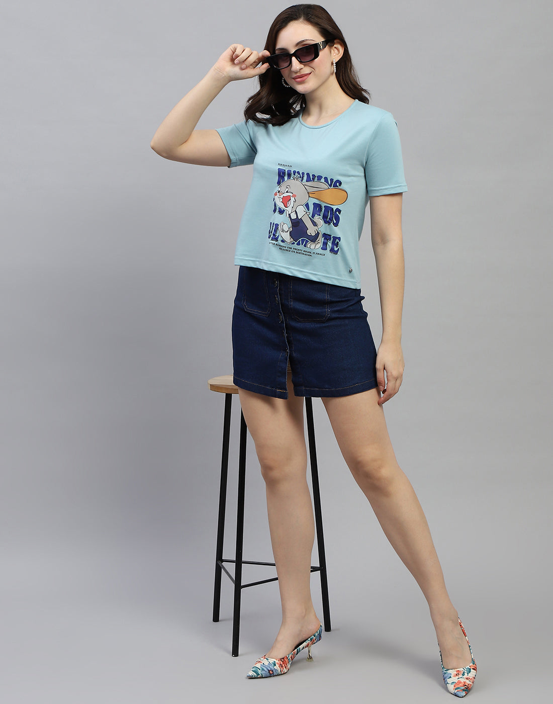 Women Sky Blue Printed Round Neck Half Sleeve Top