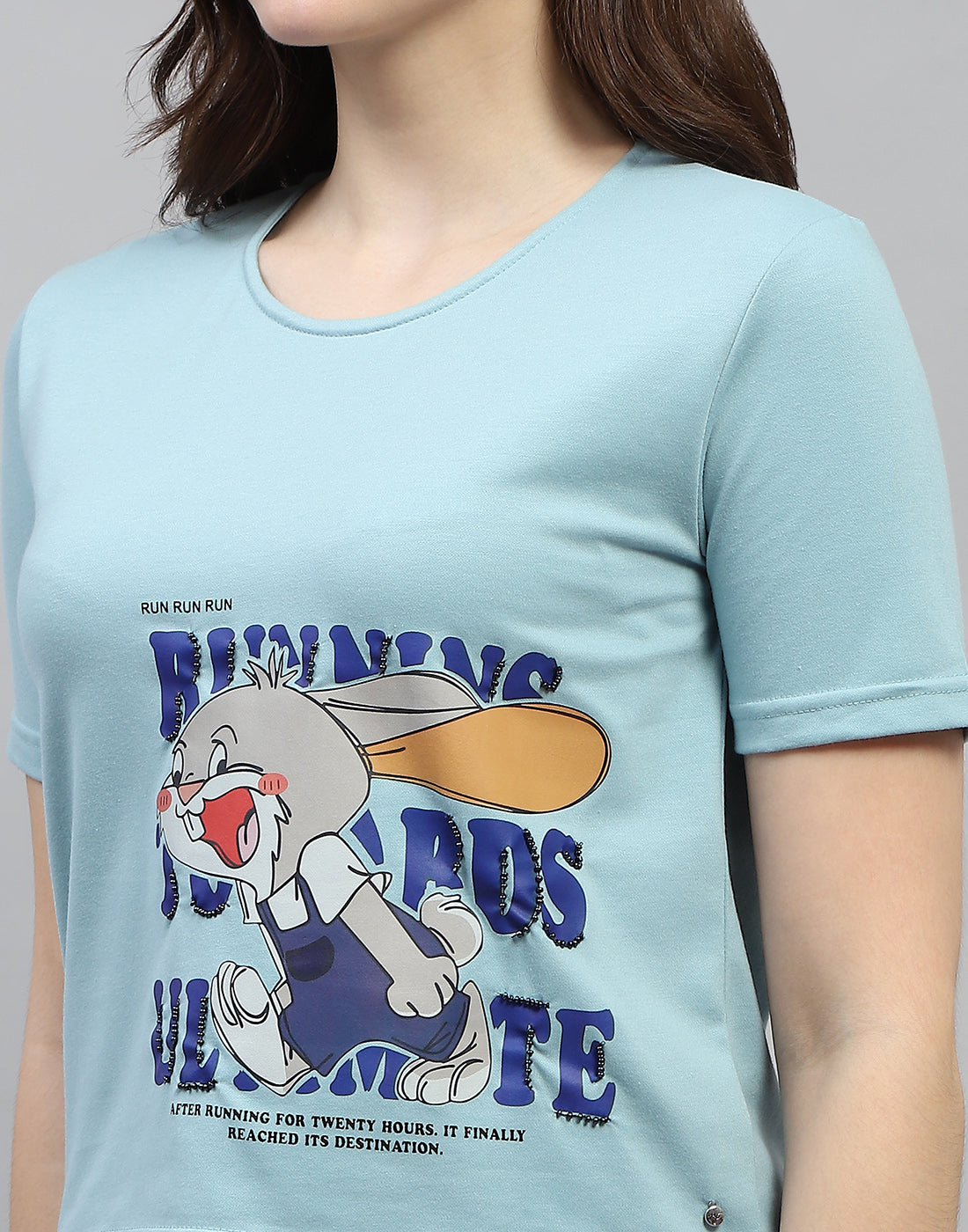 Women Sky Blue Printed Round Neck Half Sleeve Top