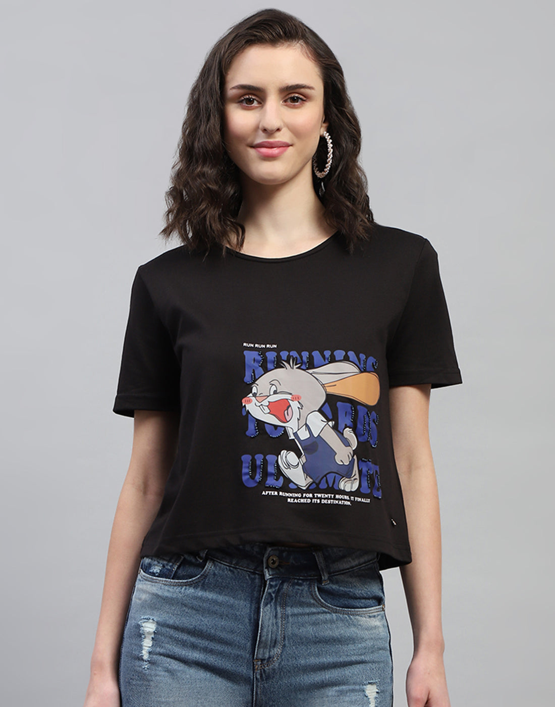 Women Black Printed Round Neck Half Sleeve Top