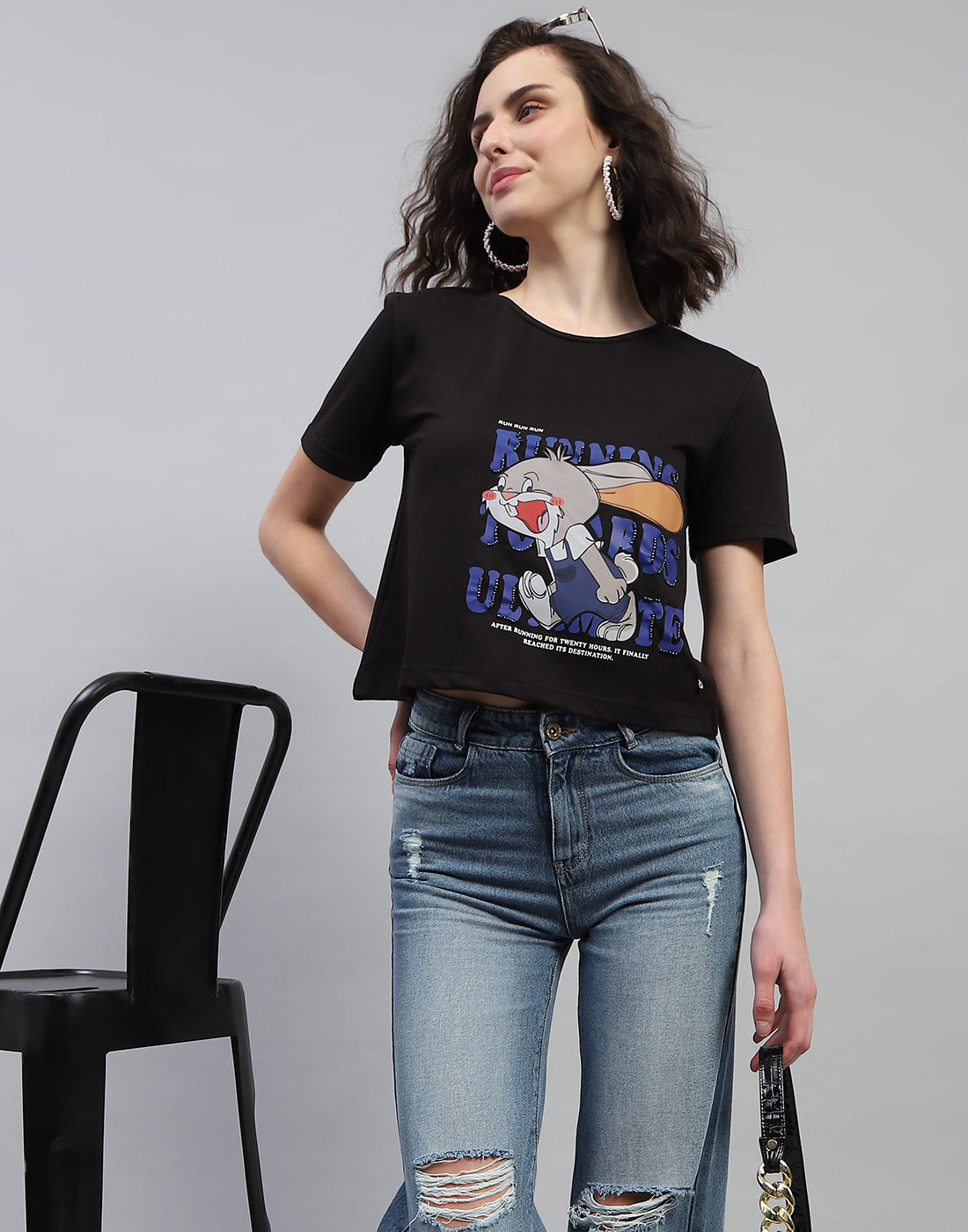 Women Black Printed Round Neck Half Sleeve Top