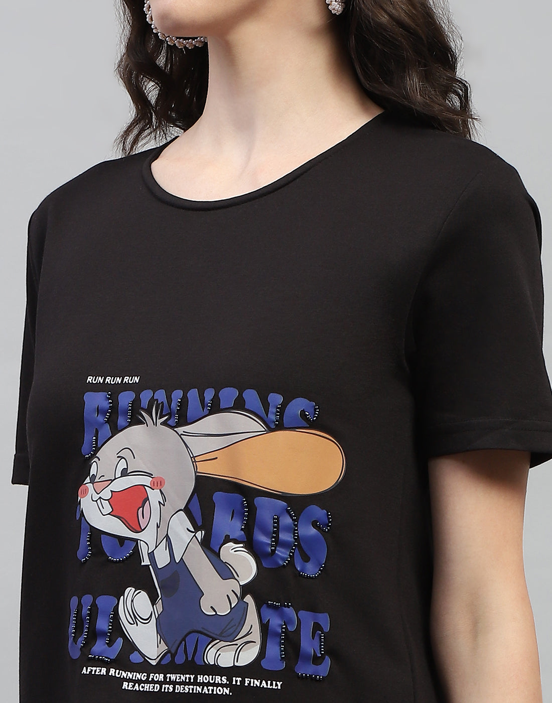 Women Black Printed Round Neck Half Sleeve Top