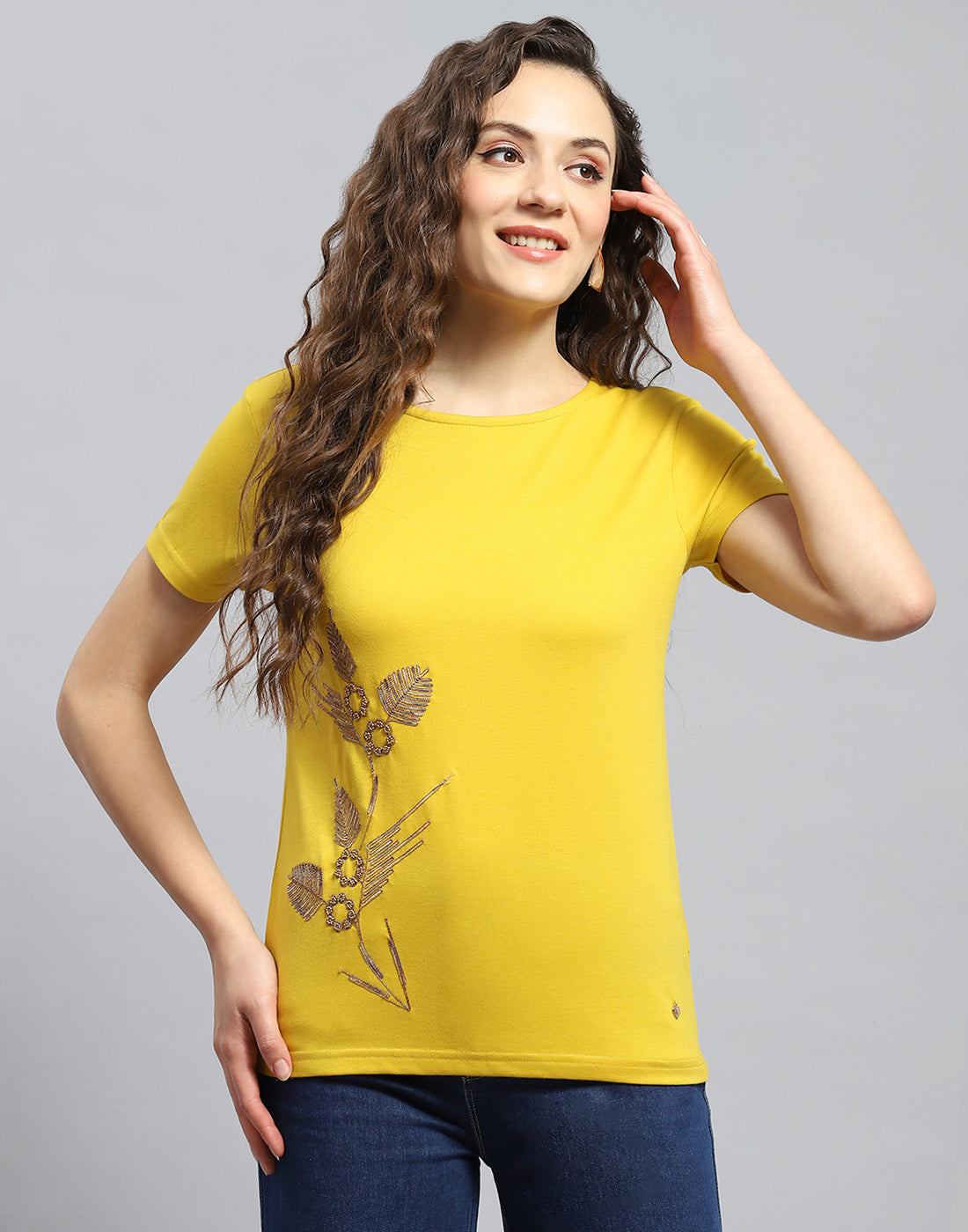 Women Yellow Embellished Round Neck Half Sleeve Top