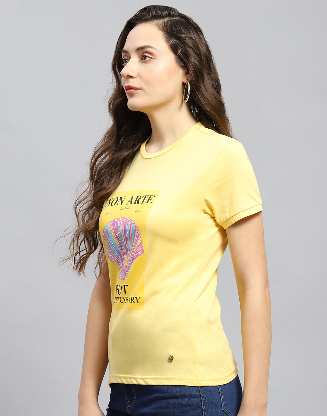 Women Yellow Printed Round Neck Half Sleeve Top