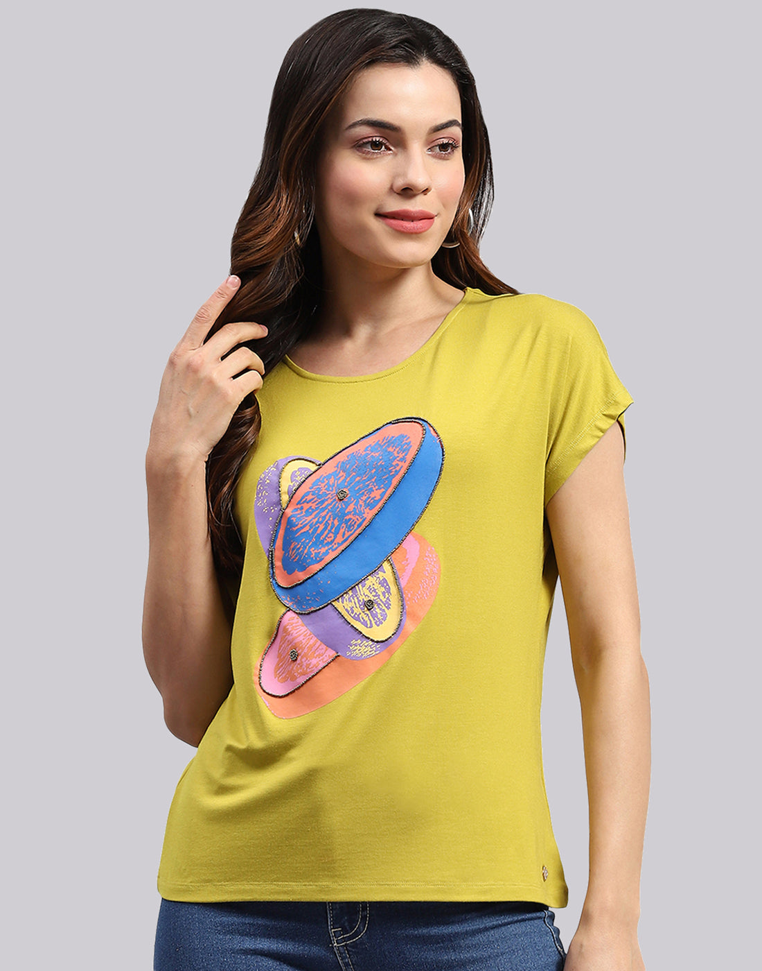 Women Yellow Printed Round Neck Half Sleeve Top