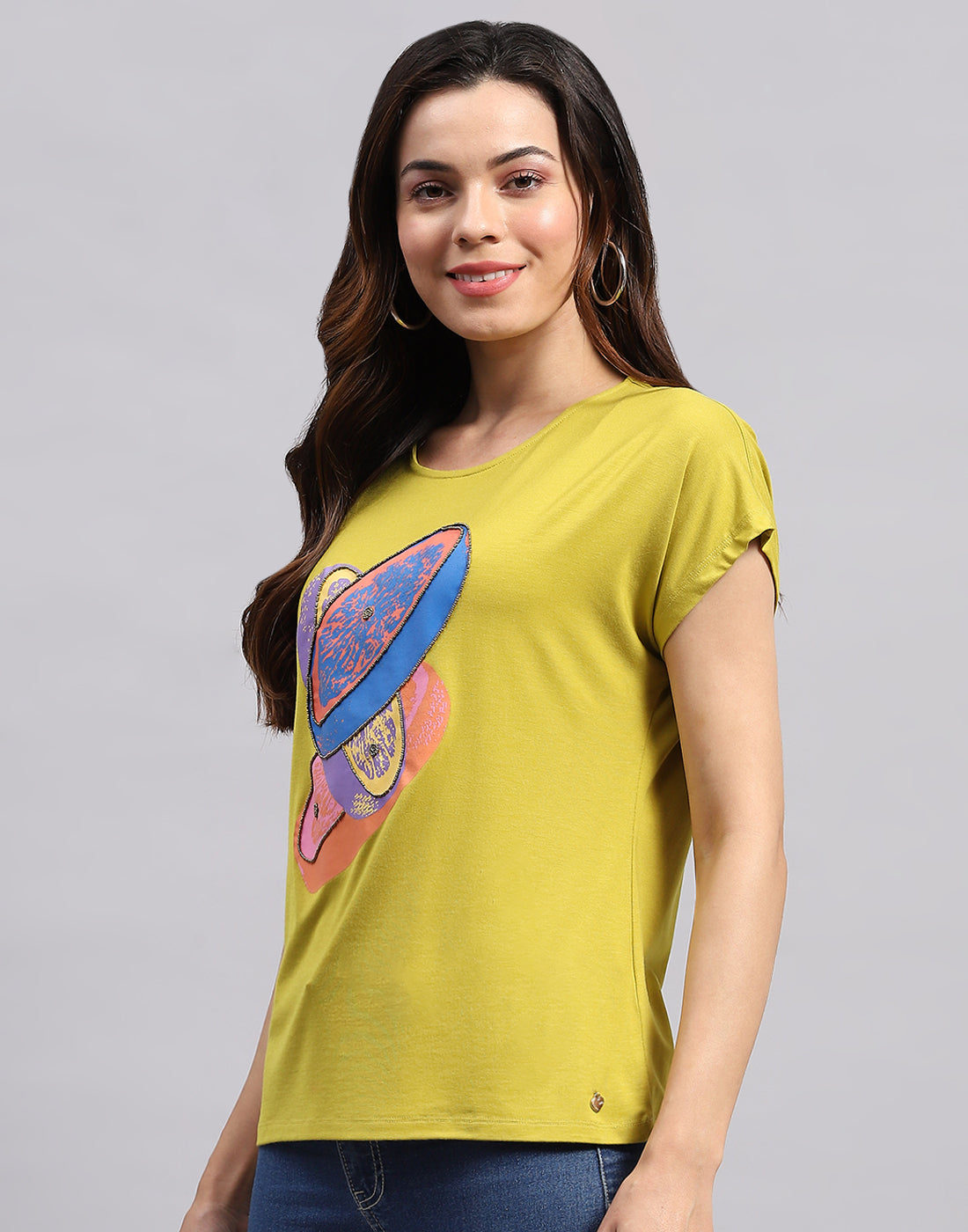 Women Yellow Printed Round Neck Half Sleeve Top