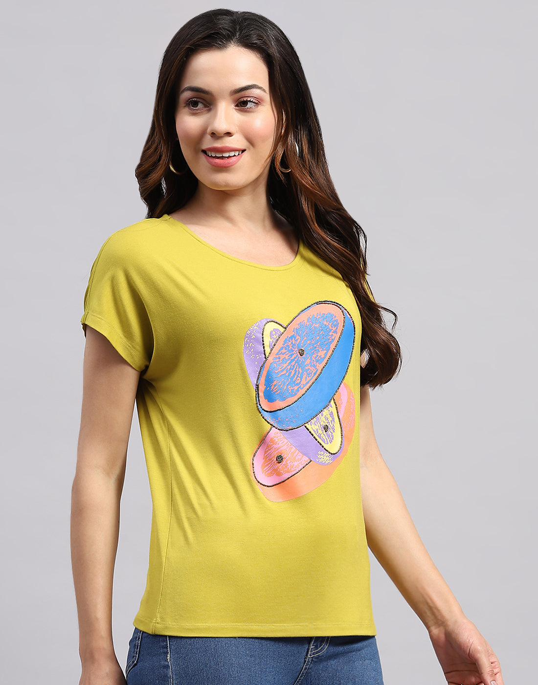 Women Yellow Printed Round Neck Half Sleeve Top