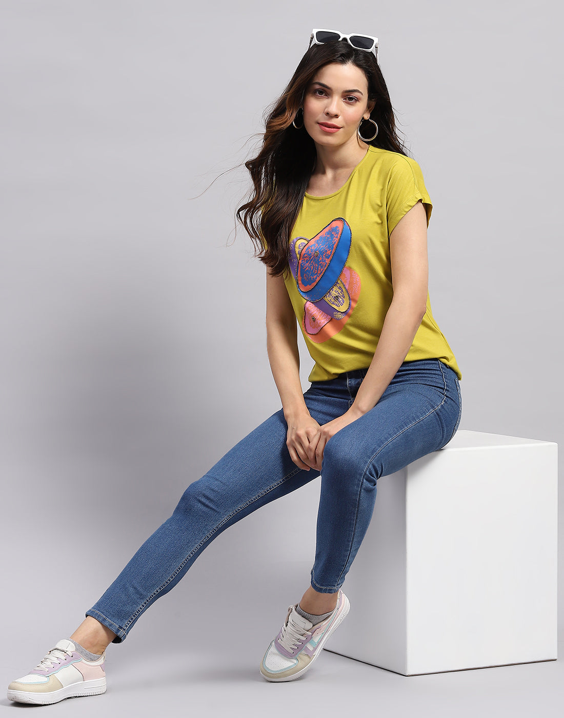 Women Yellow Printed Round Neck Half Sleeve Top