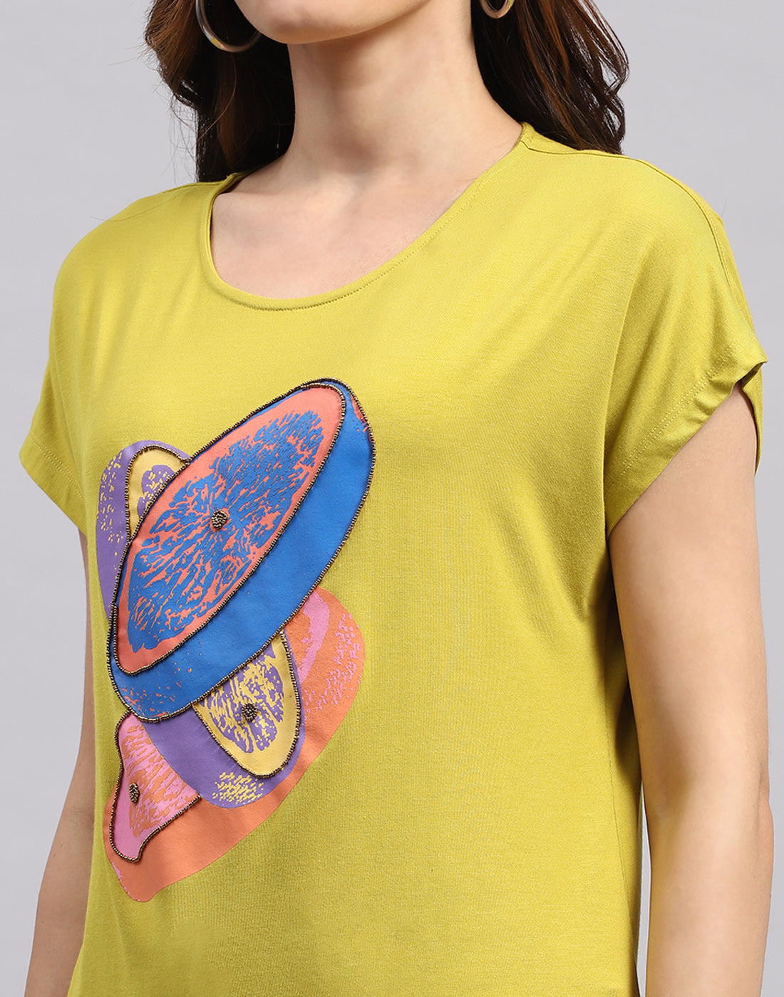 Women Yellow Printed Round Neck Half Sleeve Top