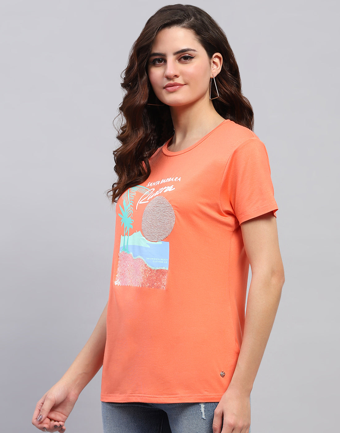 Women Orange Printed Round Neck Half Sleeve Top