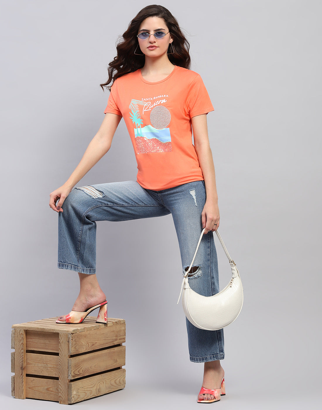 Women Orange Printed Round Neck Half Sleeve Top