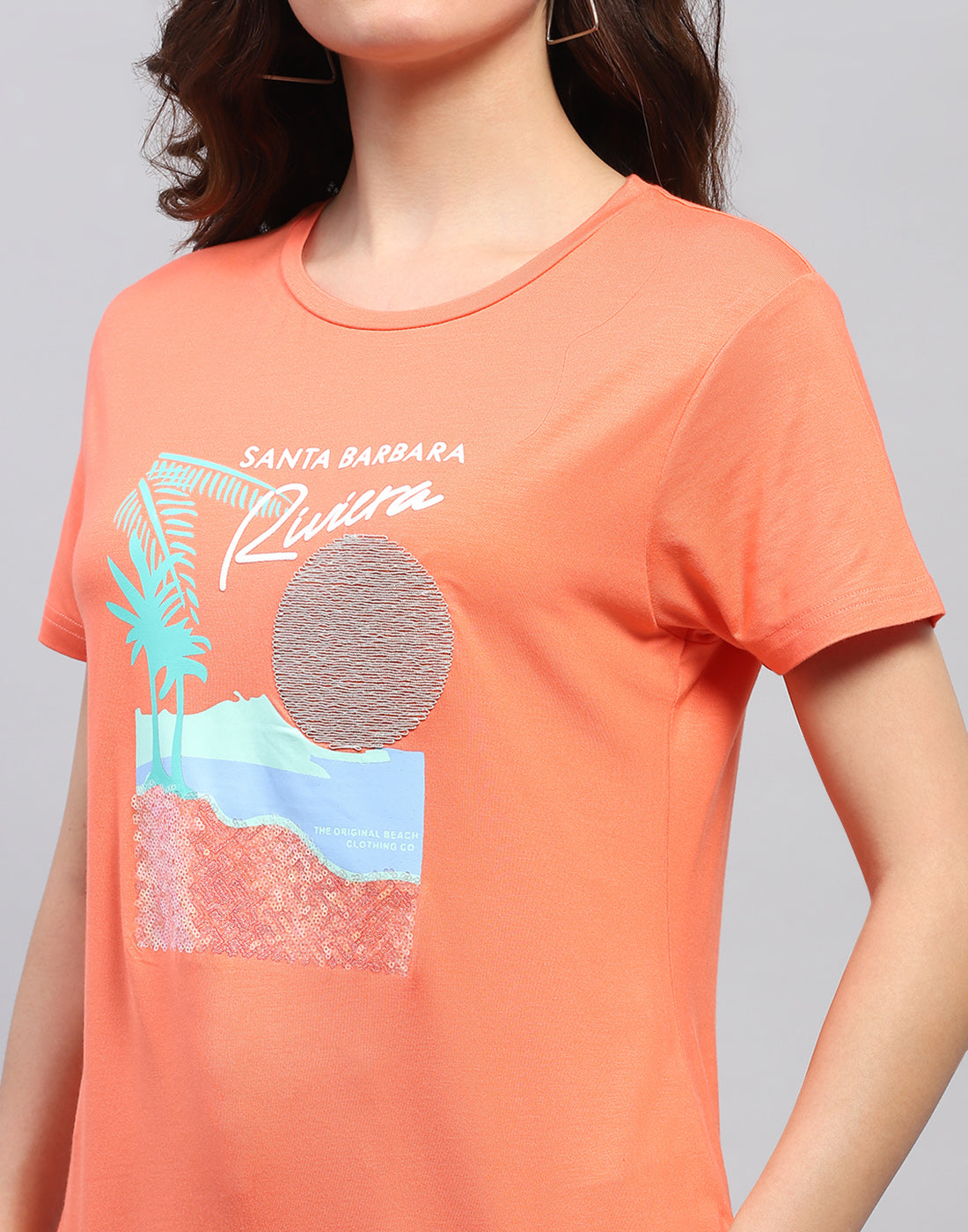 Women Orange Printed Round Neck Half Sleeve Top