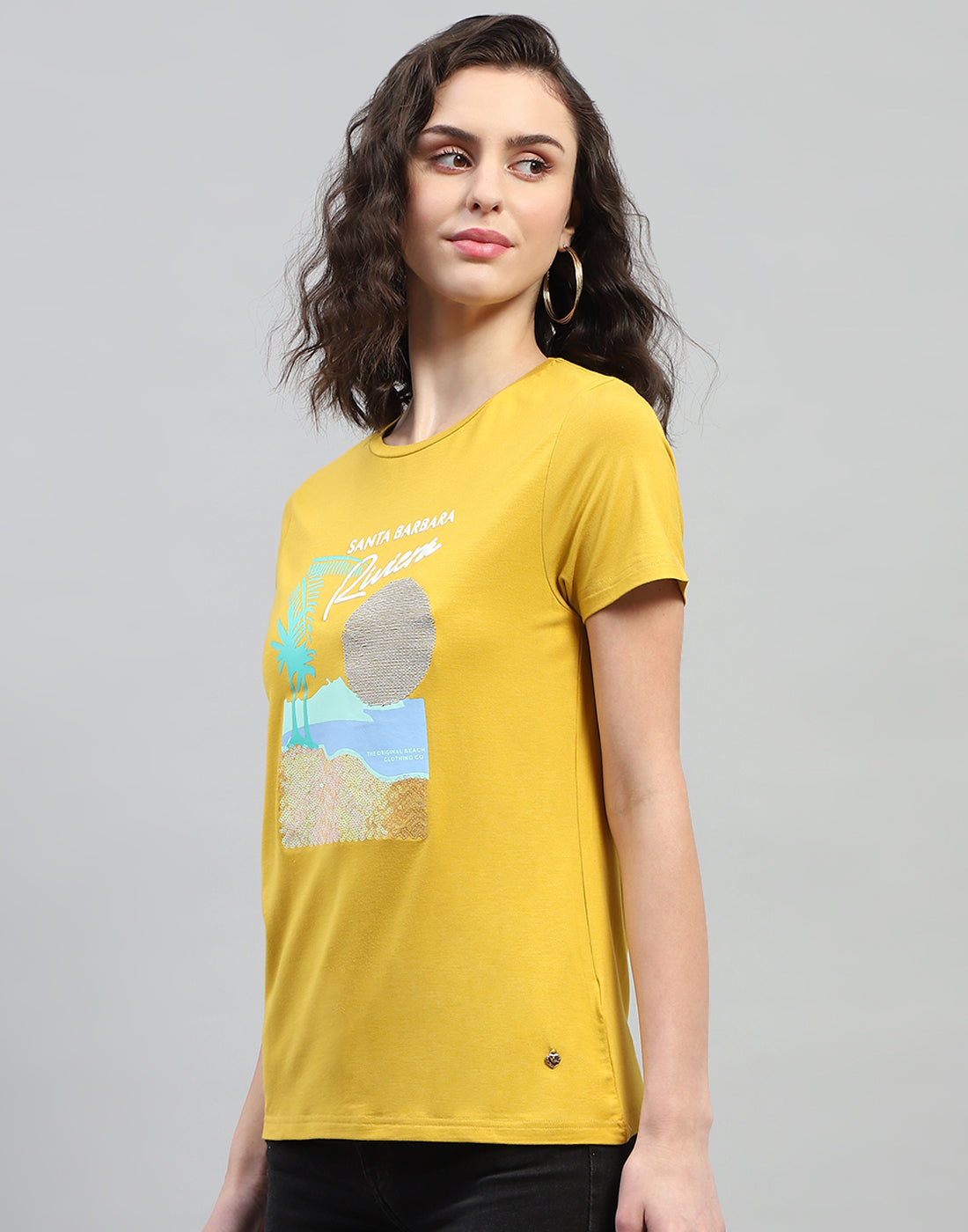 Women Yellow Printed Round Neck Half Sleeve Top