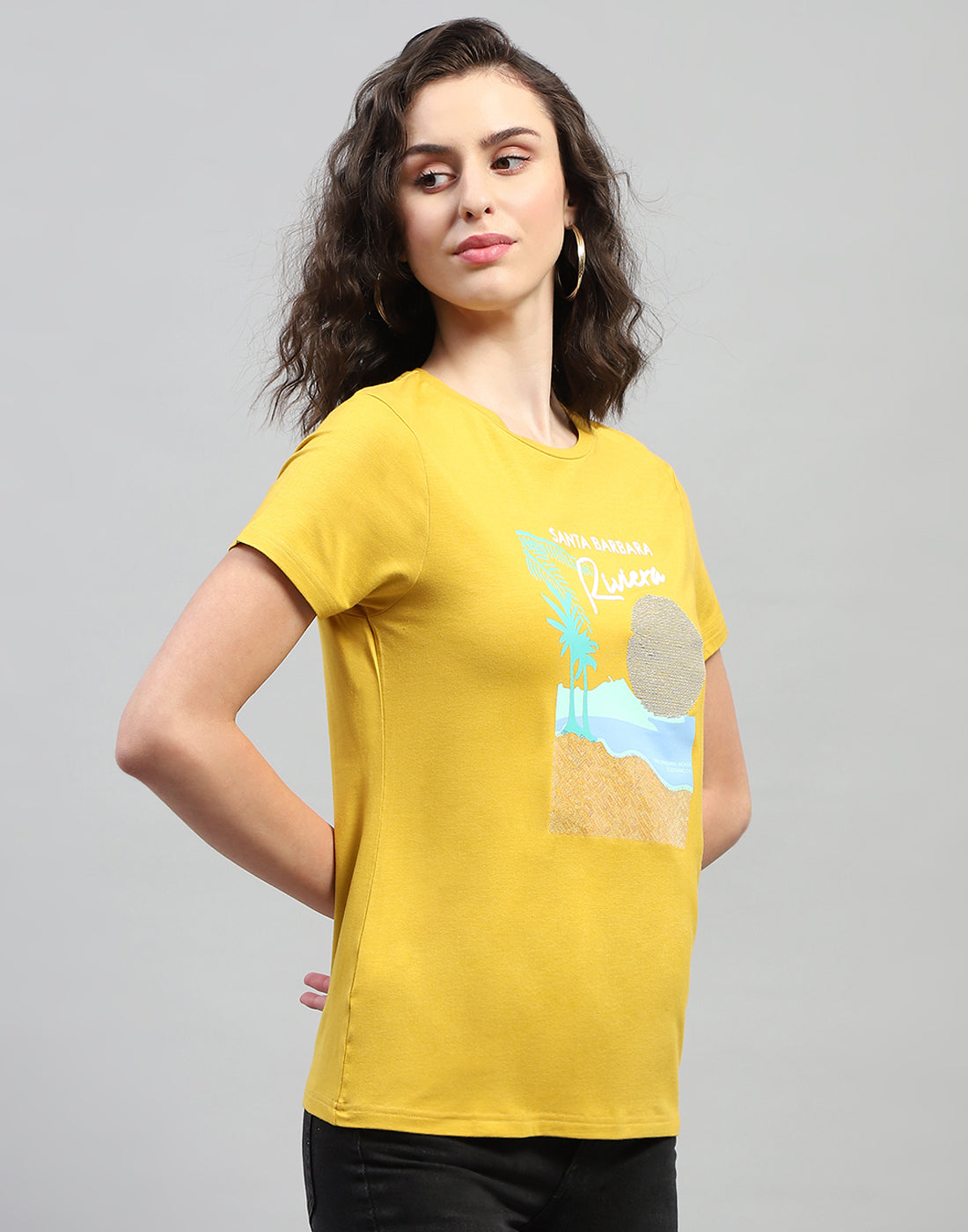 Women Yellow Printed Round Neck Half Sleeve Top