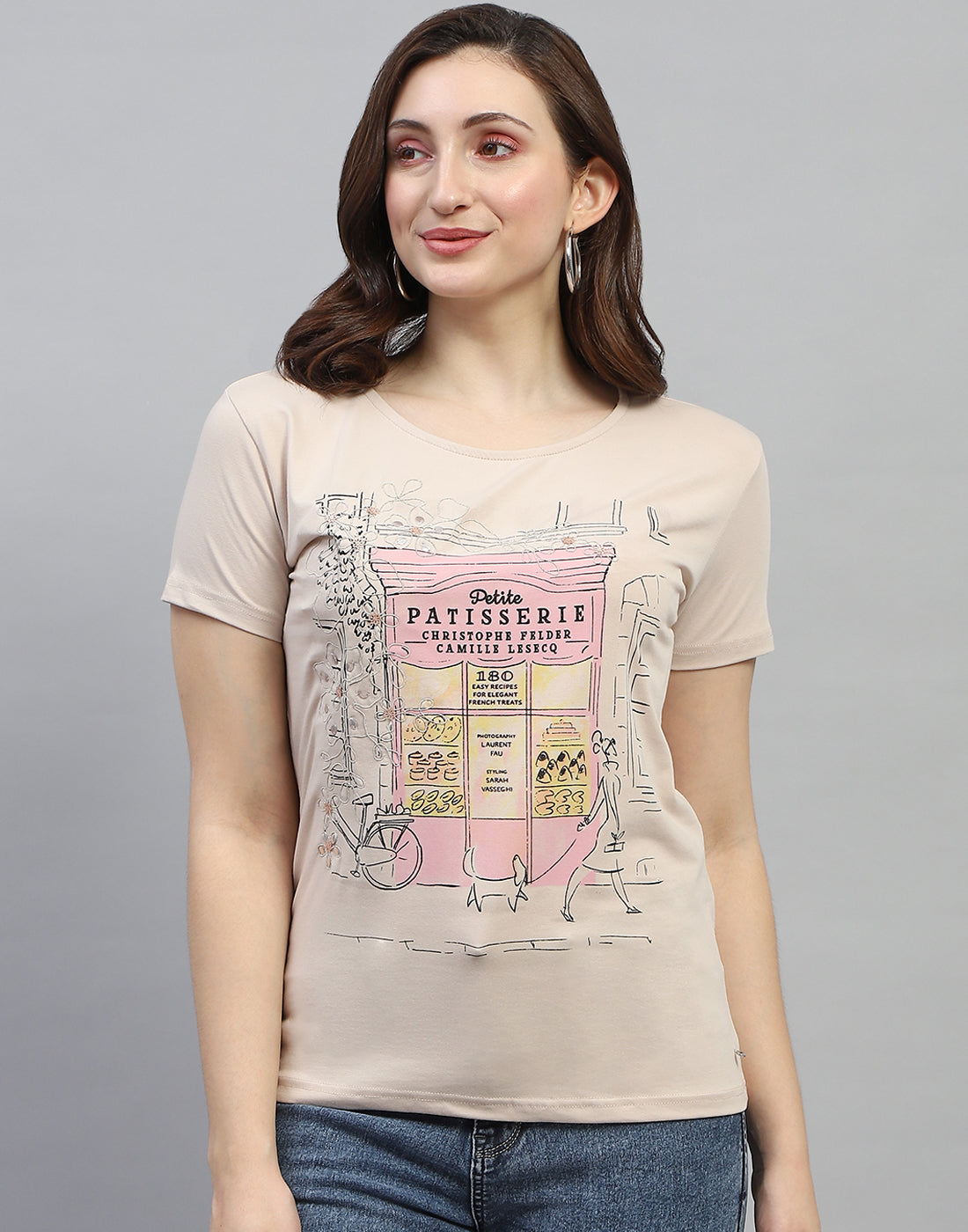 Women Beige Printed Round Neck Half Sleeve Top