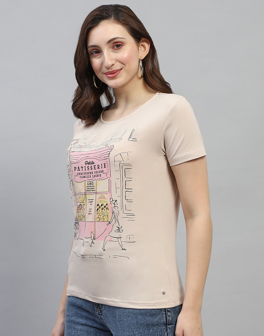 Women Beige Printed Round Neck Half Sleeve Top