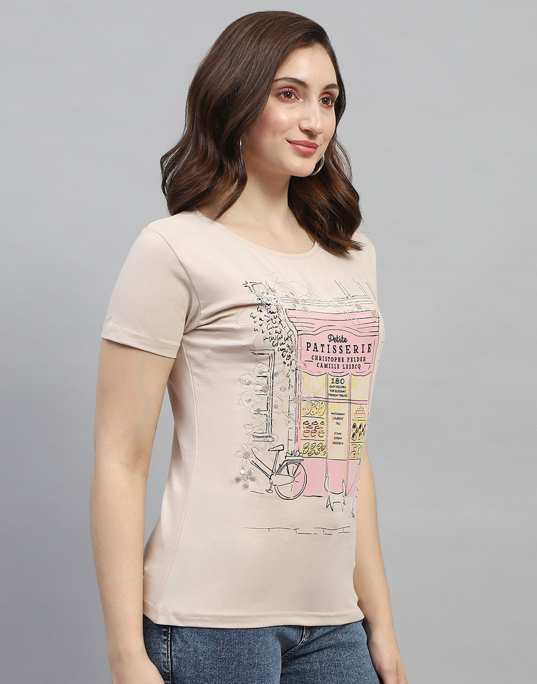 Women Beige Printed Round Neck Half Sleeve Top