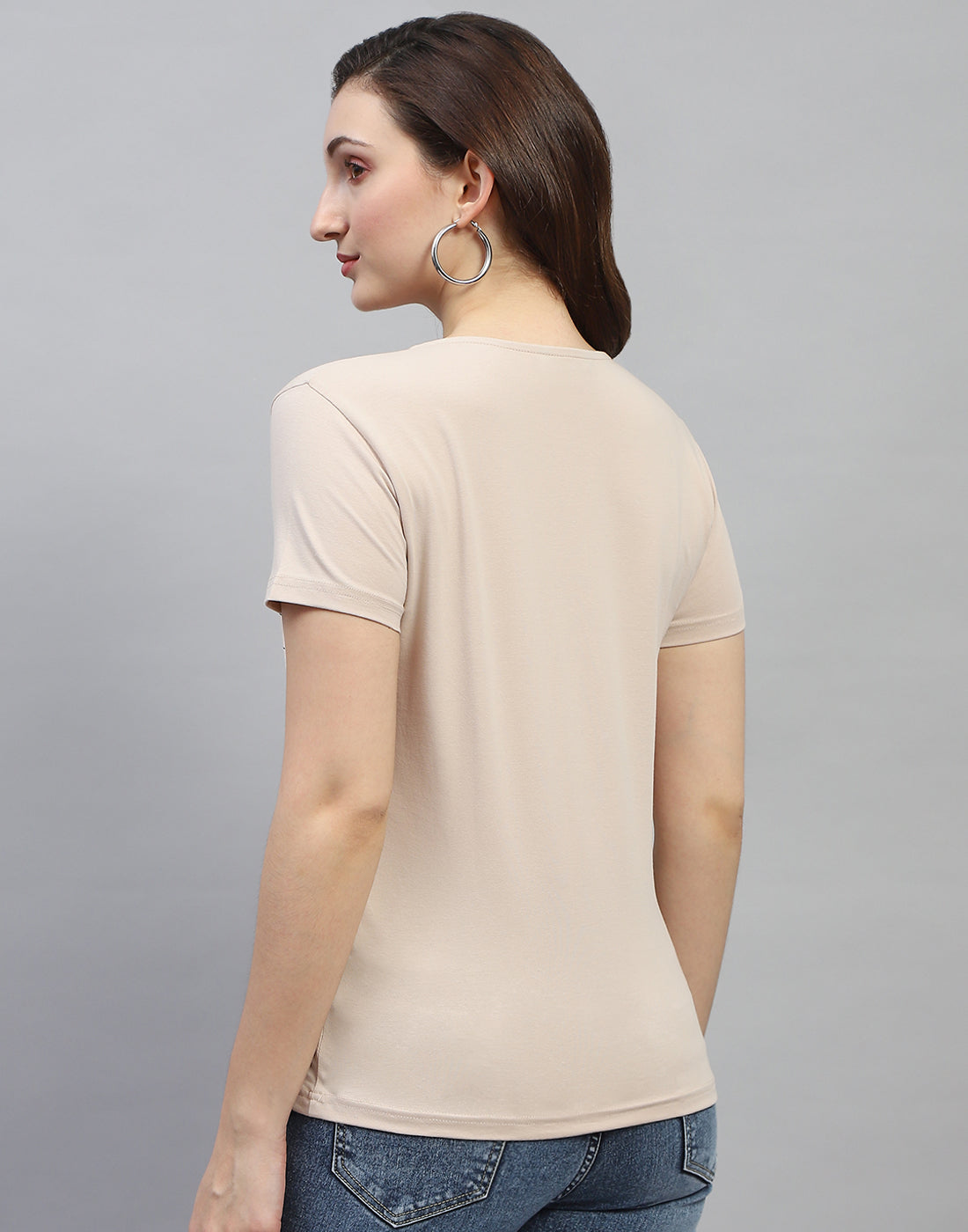 Women Beige Printed Round Neck Half Sleeve Top