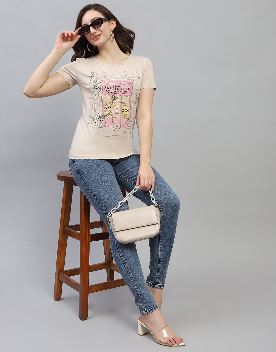 Women Beige Printed Round Neck Half Sleeve Top