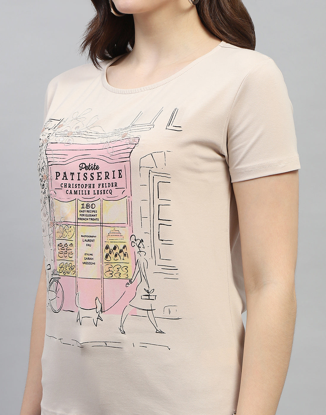 Women Beige Printed Round Neck Half Sleeve Top