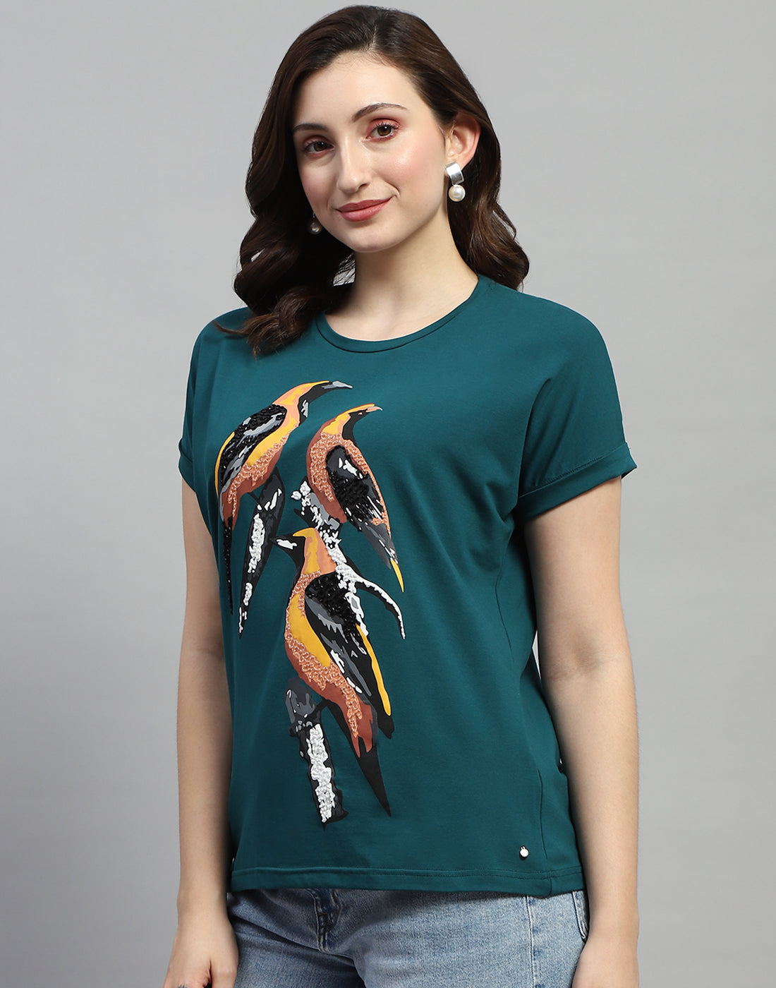 Women Green Printed Round Neck Half Sleeve Top