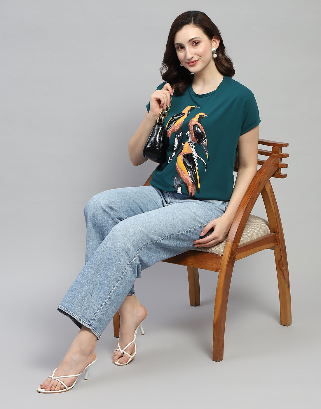 Women Green Printed Round Neck Half Sleeve Top